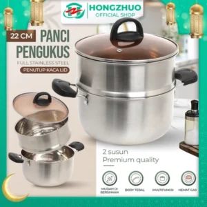 Hongzhuo Panci Kukus Steam Pot 2 Tingkat Full Stainless Steel 22cm Tutup Kaca