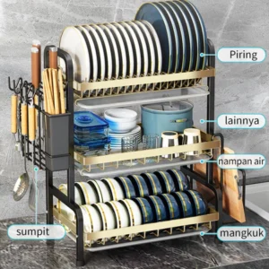 Rak Piring Dapur Stainless Steel Penyimpanan Rak Pengering Piring Rak Piring dan Mangkuk